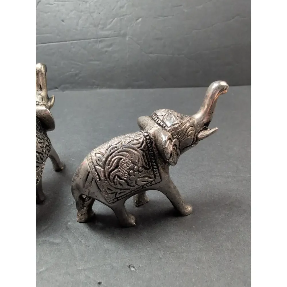Lot Of 2 India Metal Elephants Hand Carved Collectible Trunks UpFigures 4